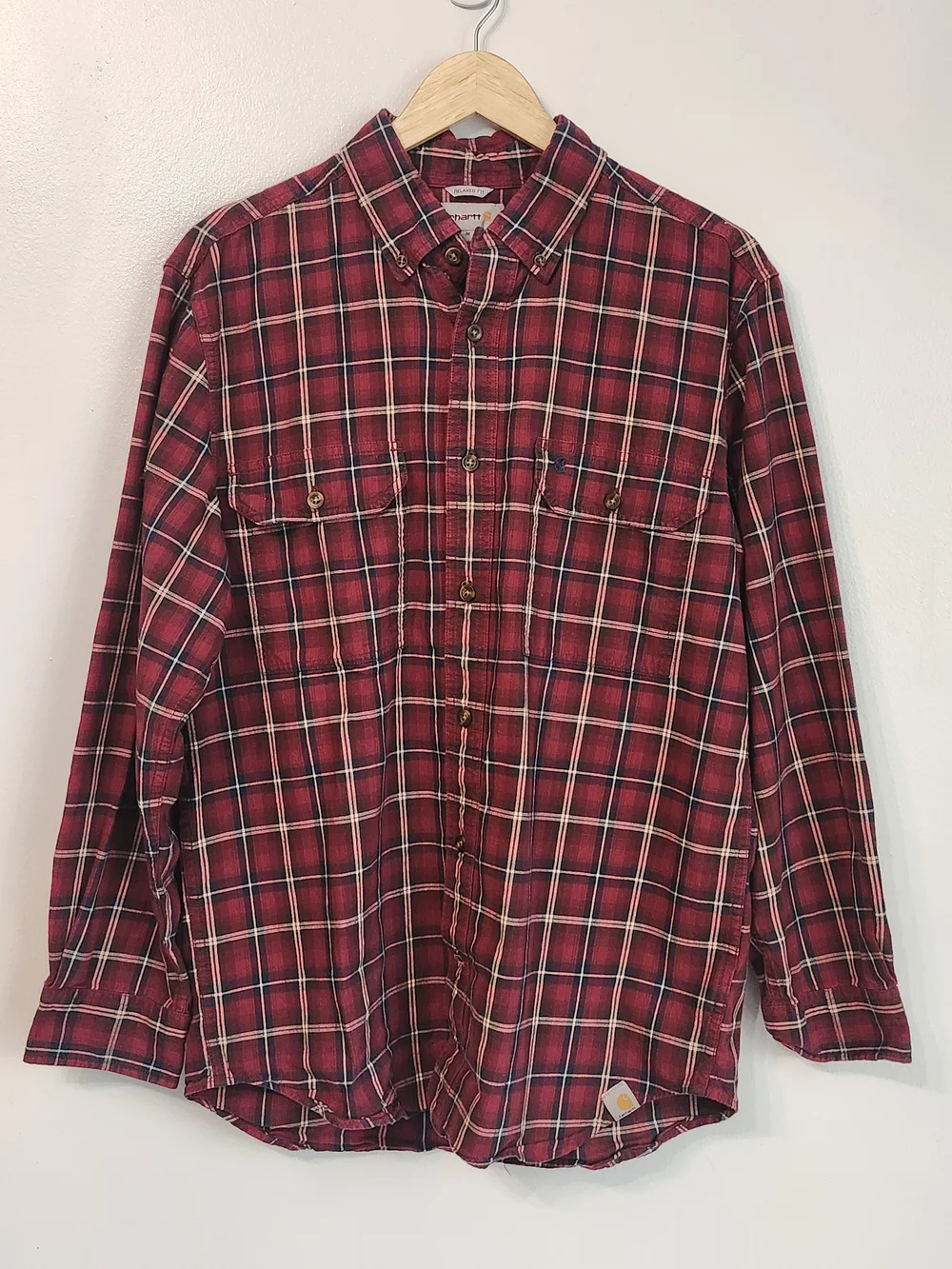 Carhartt Men Medium Workwear Relaxed Fit Plaid Red Button Down Shirt Outdoors